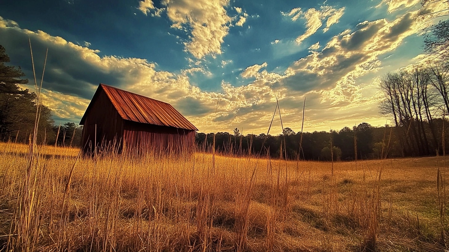 Rustic red barn surrounded by rolling hills